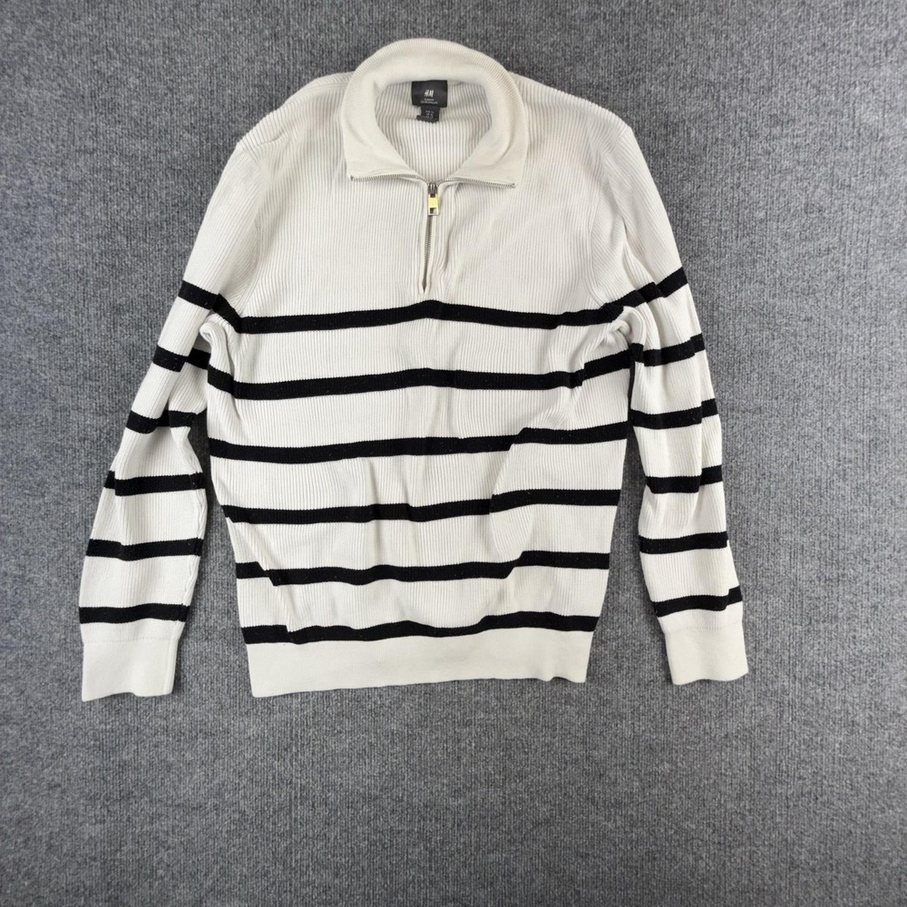 H&M Sweater Mens XL White Black Striped 1/4 Zip Slim Fit Cotton Knit Pullover